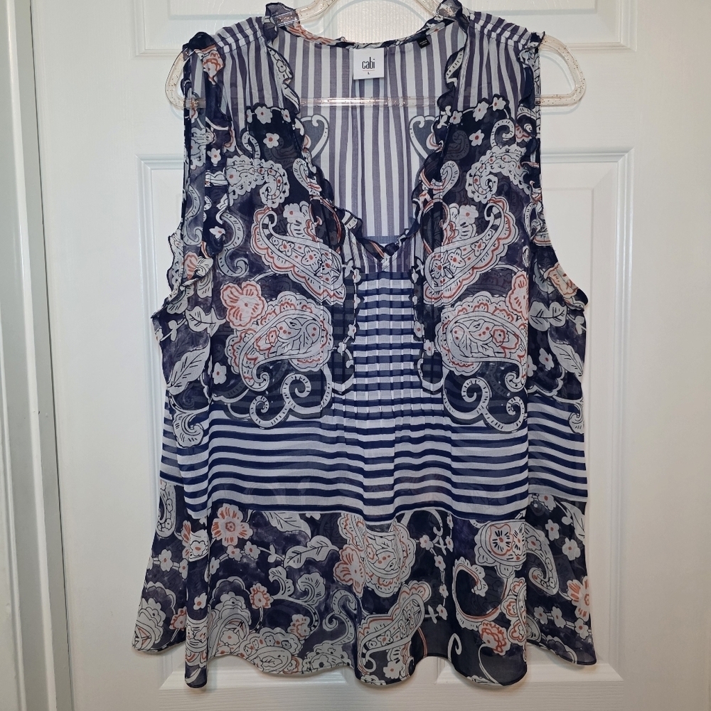 CAbi #5349 Blue Peplum Blouse Paisley Stripe Sleeveless Ruffle Top Size L